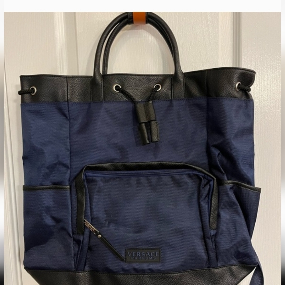 Versace Navy and Black Drawstring Backpack with Front Zip Pocket - Picture 8 of 10